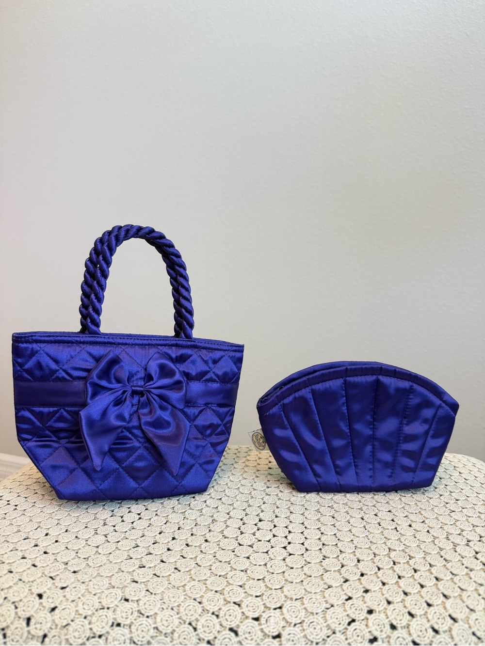NaRaYa Thailand Satin Mini Tote & Cosmetic Pouch Set Purple 2-Piece